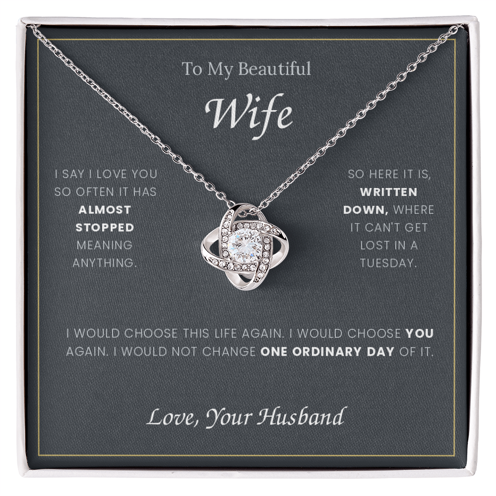 To My Wife necklace and message card in a gift box