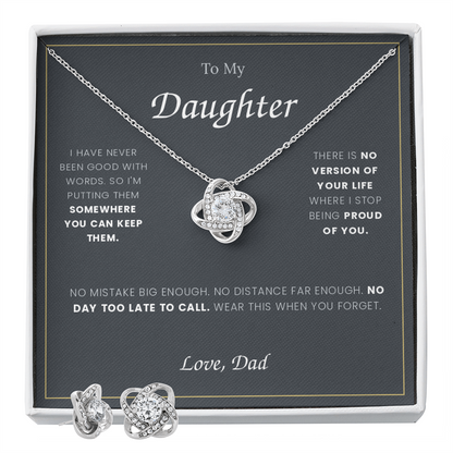 To My Daughter — Love Knot Necklace & Earring Set, From Dad