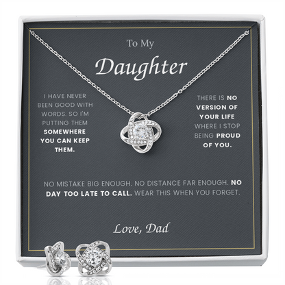 To My Daughter — Love Knot Necklace & Earring Set, From Dad
