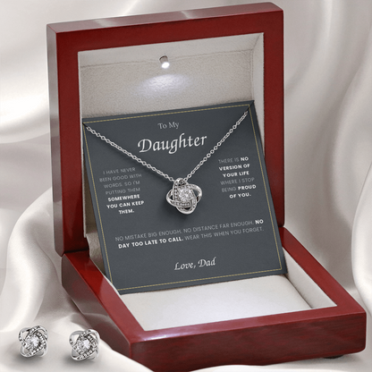 To My Daughter — Love Knot Necklace & Earring Set, From Dad