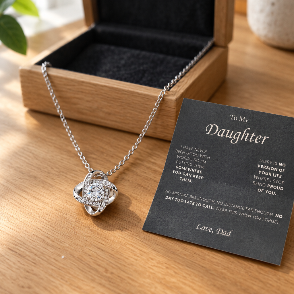 The Love Knot necklace laid out beside the printed message card in warm window light