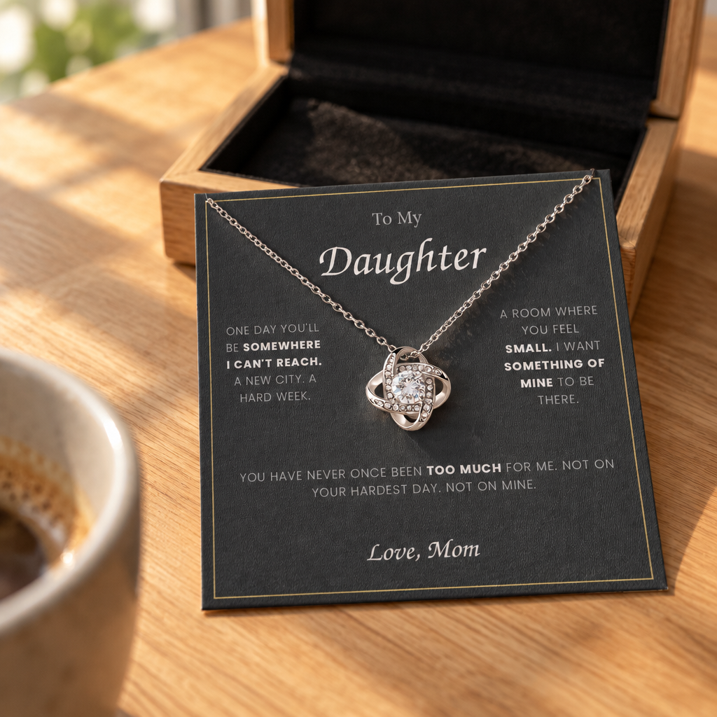 Love Knot necklace and its message card on an oak table in morning light