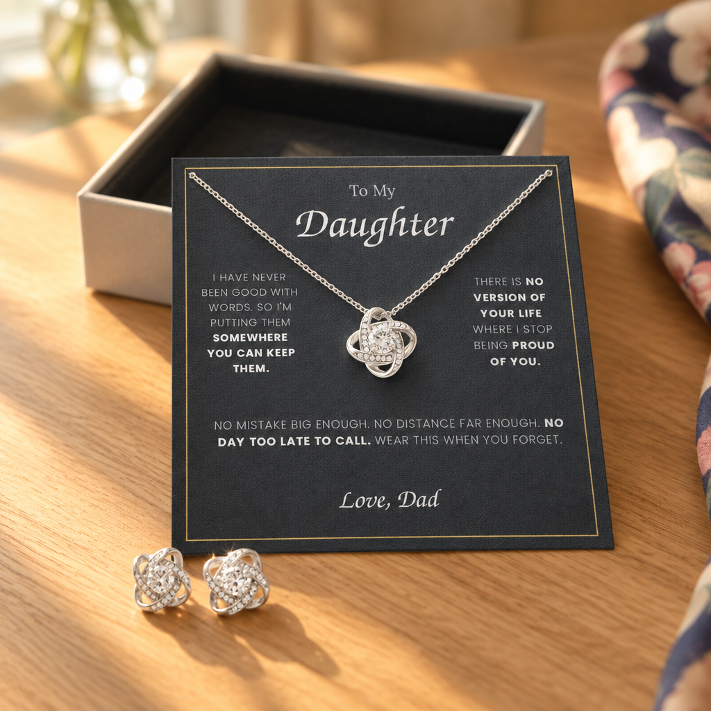 Necklace, matching earrings and the message card on an oak table beside the open gift box